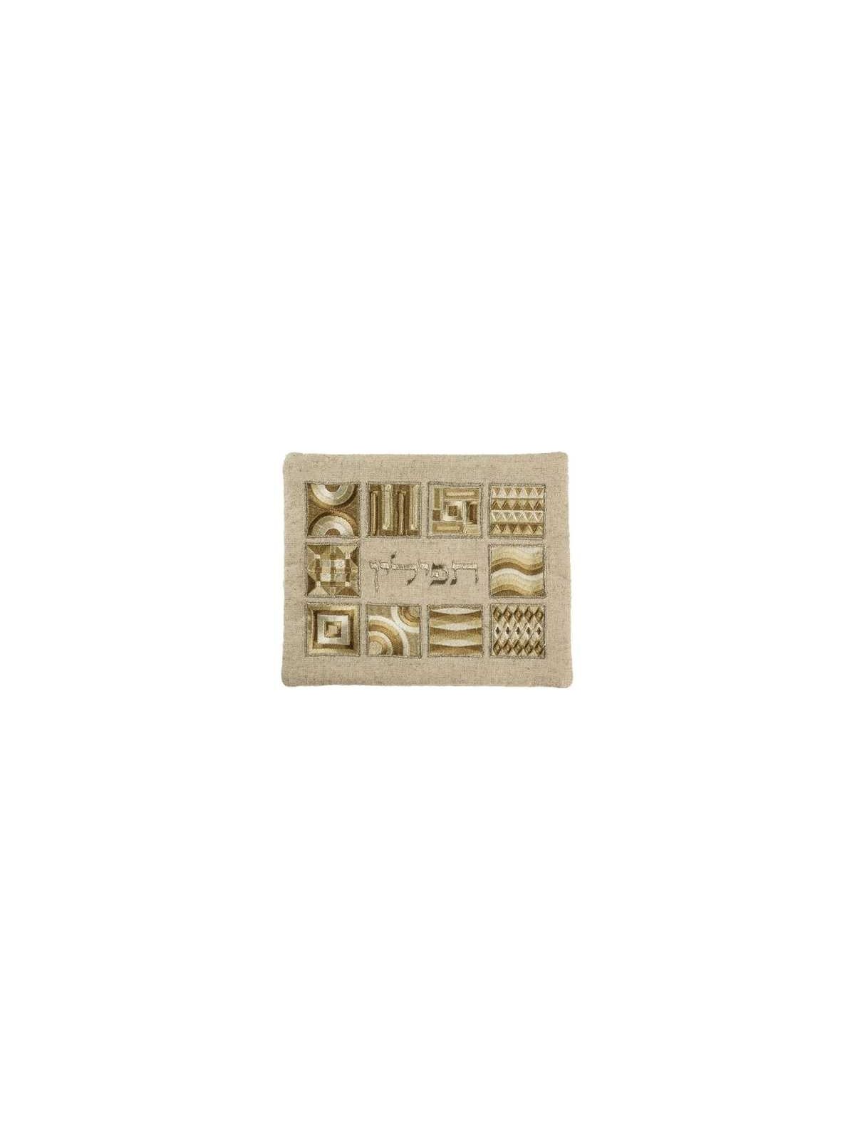 Squares Full Embroidery Tefillin Bag - Gold | Tefillin & Accessories |